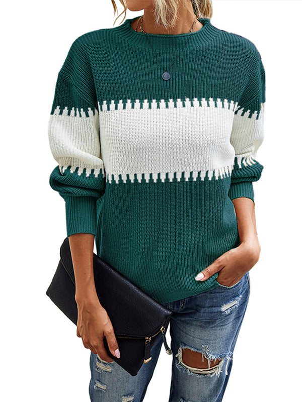 Women Crewneck Sweaters Long Sleeve Knit Splicing Pullover Sweater Tops