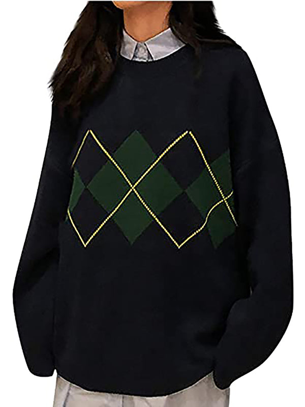 Women Loose Argyle Plaid Sweater Pullover Long Sleeve Sweater Top