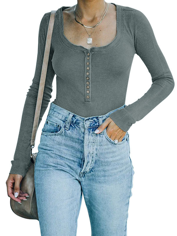 Women Long Sleeve Shirts Henley Top Button Down Blouses Basic Ribbed Knit T Shirts