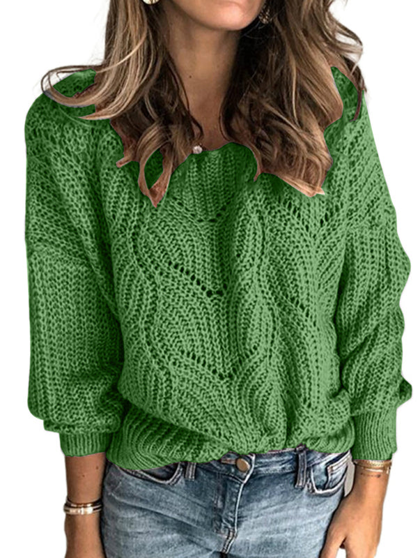 Women Elegant Soft Crewneck Long Sleeve Hollow Cable Knit Pullover Sweaters