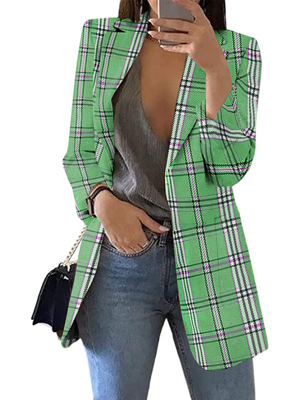 Women Casual Blazers Plaid Slim Fit Lapel Work Office Outerwear Jacket Suit