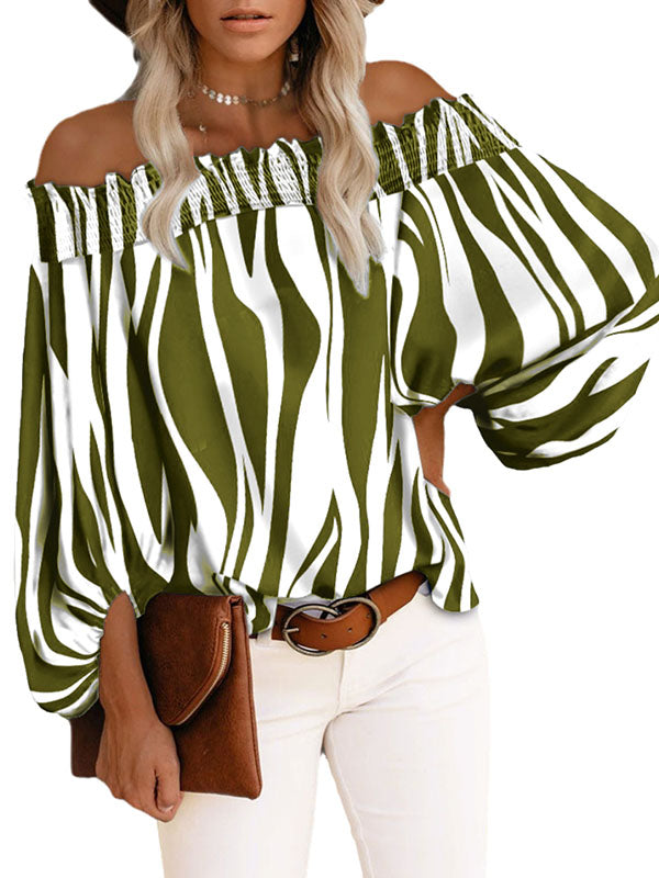 Women's Off Shoulder Tops Stripe Print Long Lantern Sleeve Casual Loose Blouse Shirts