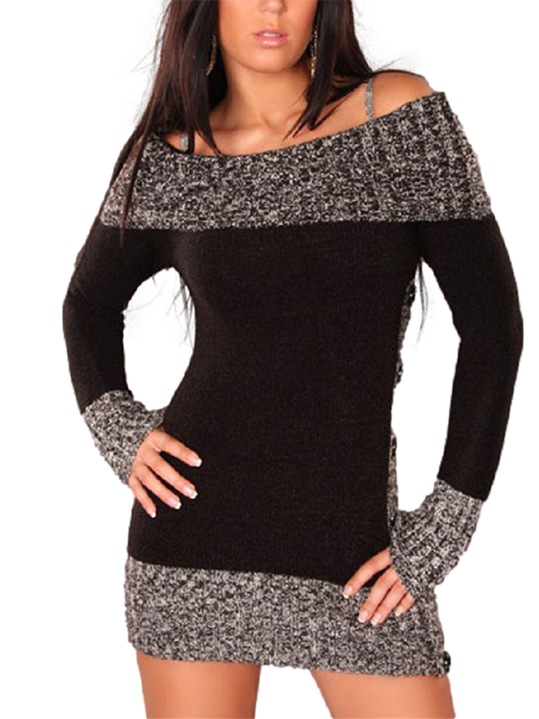 Women Off Shoulder Knitted Mini Dress Long Sleeve Bodycon Ribbed Knit Sweater Dress
