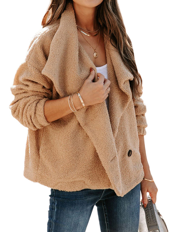 Women's Coat Fleece Jacket Lapel Zipper Casual Open Front Warm Outwear