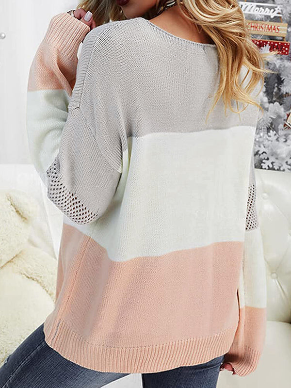 Women Hollow Out Crewneck Long Sleeve Knit Sweater Pullover Jumper Tops