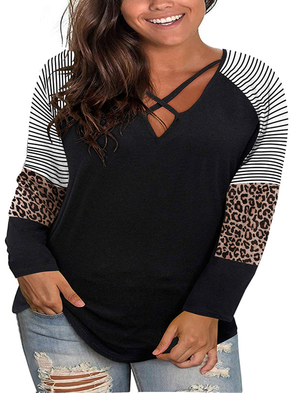 Women V Neck Leopard Tops Criss Cross Patchwork Long Sleeve T-Shirt Blouse