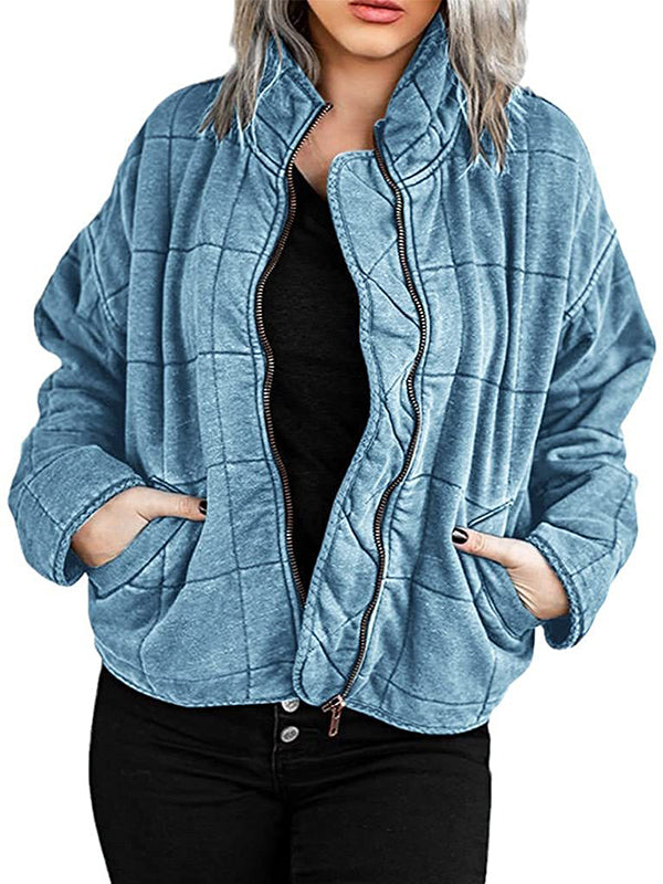 Women Long Sleeve Full-Zip Quilted Jacket Coat Warm Outerwear