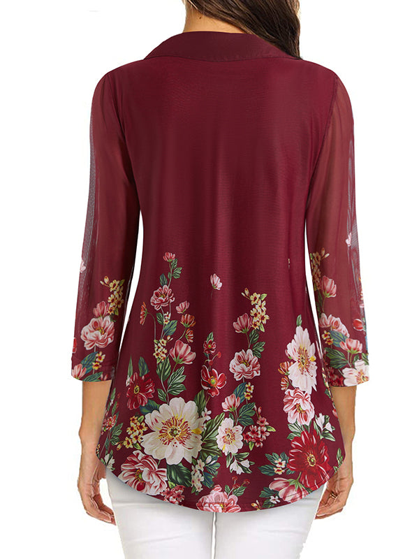 Light Collared V Neck 3/4 Sleeve Floral Tunic Shirts
