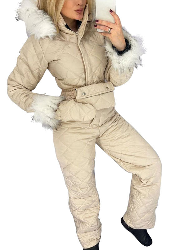 Women Winter Warm Hoodie Onesies Ski Suits Sports Jumpsuit Fur Collar Coat Snowsuit