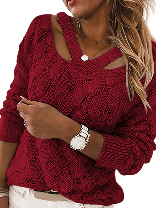 Women V Neck Sweaters Hollow Out Long Sleeve Casual Knit Pullover Jumper Tops