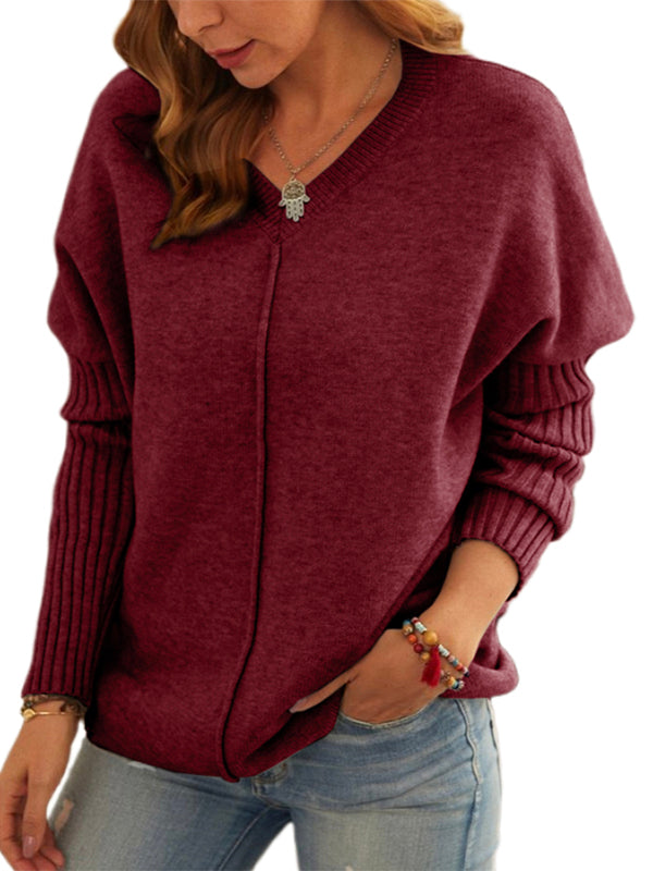 Womens V Neck Knit Sweaters Long Sleeve Loose Jumper Pullover Tops