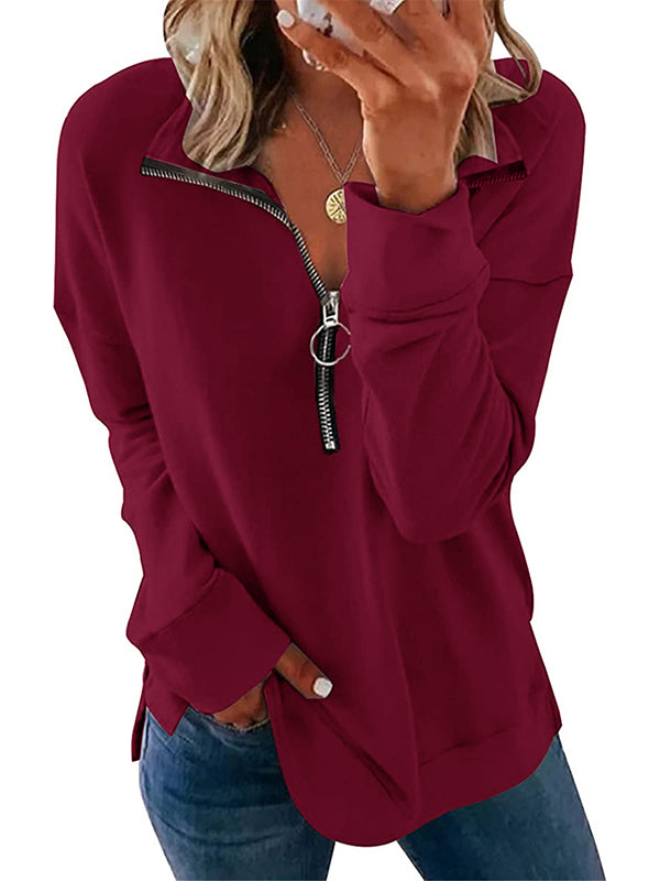Women Causal Long Sleeve Sweatshirt Lapel Zipper Loose Pullover Tops
