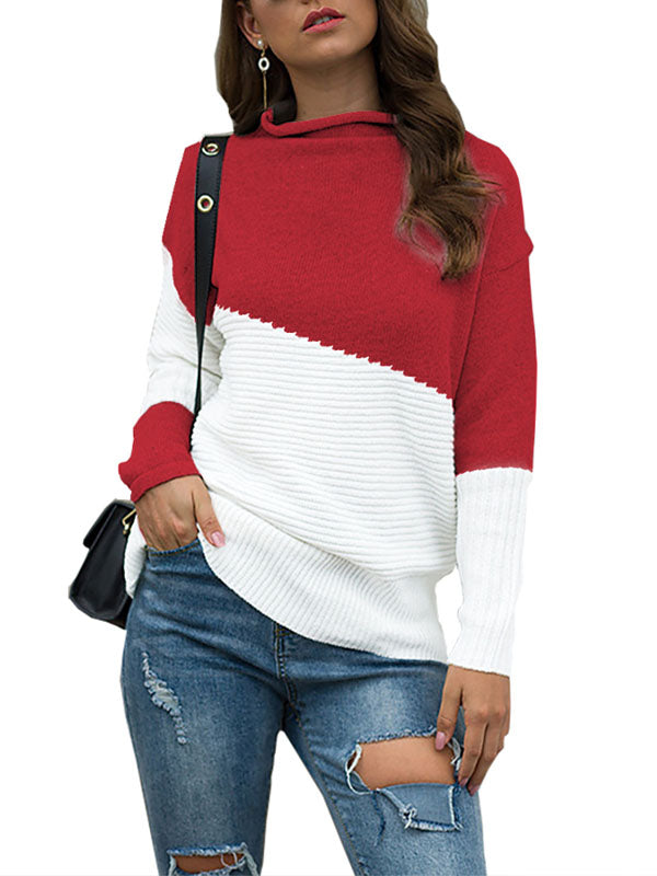Women Crewneck Long Sleeve Color Block Knit Sweater Casual Pullover Jumper Tops