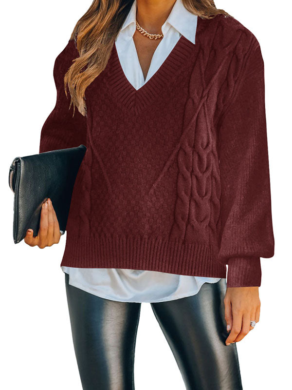 Womens Deep V Neck Pullover Solid Color Loose Cable Knit Sweaters