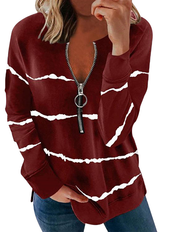 Women Casual Striped Quarter Zip Pullover Tops Long Sleeve Zipper Sweatshirt