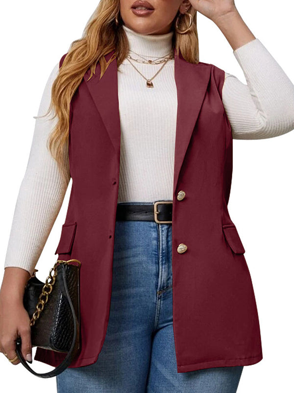 Women Plus Size Lapel Outerwear Vest Long Sleeveless Casual Office Blazer Jacket