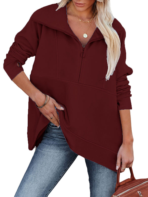 Women Long Sleeve Lapel Half Zip Up Sweatshirt Solid Stylish Loose Fit Casual Pullover Tops