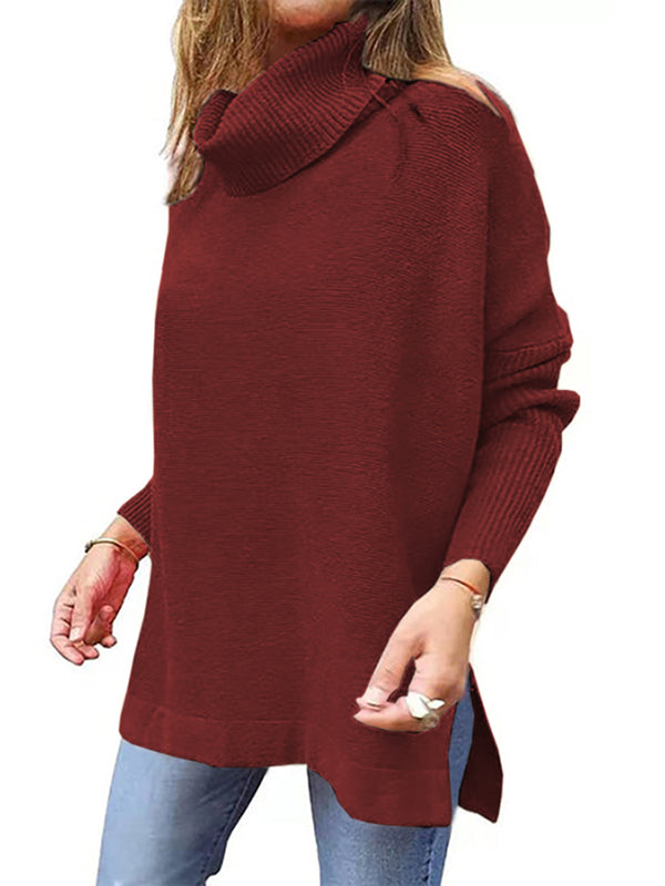 Women Turtleneck Oversized Long Batwing Sleeve Spilt Hem Knit Pullover Sweater Tops
