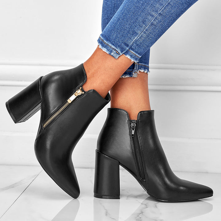 Women Chunky Heel Booties Pointed Toe Side Zip Ankle Boots