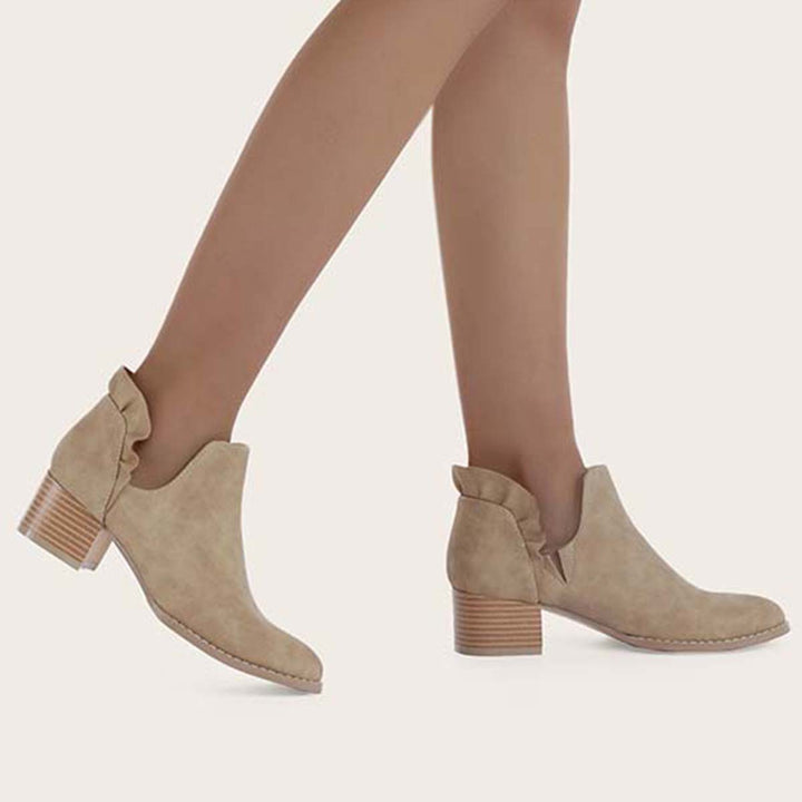 Ruffle Cutout Ankle Boots Slip on Chunky Stacked Heel Booties