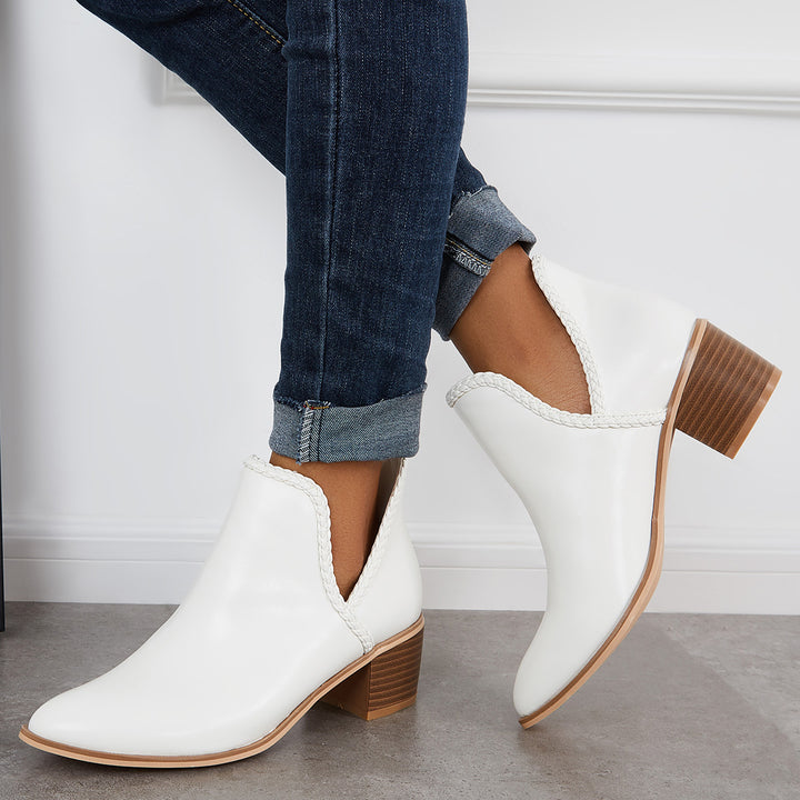 Pointed Toe Cutout Ankle Boots Block Chunky Heel Western Booties