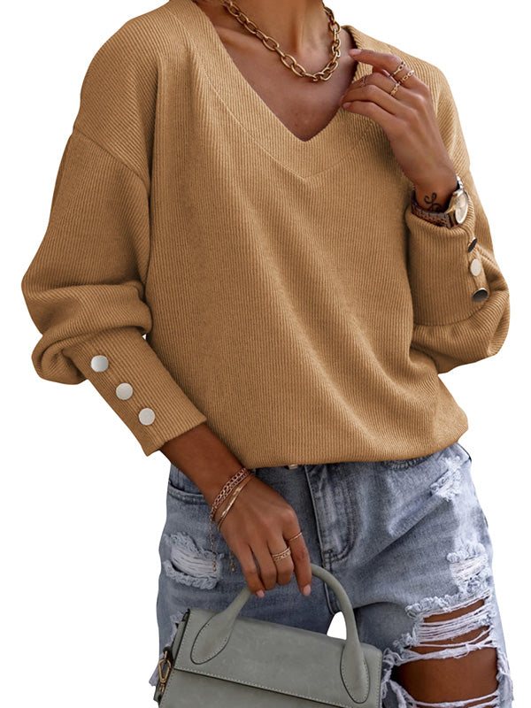 Women Long Sleeve V Neck Sweater Solid Color Knit Casual Relaxed Fit Pullover Jumper