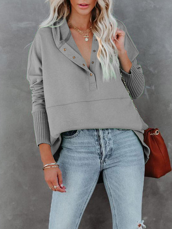 Women Casual Button V Neck Hoodies Oversized Pullover Sweatshirt Hooded Tops