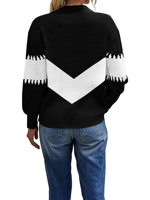 Women Color Block Sweater Turtleneck Pullover Long Sleeve Knitwear