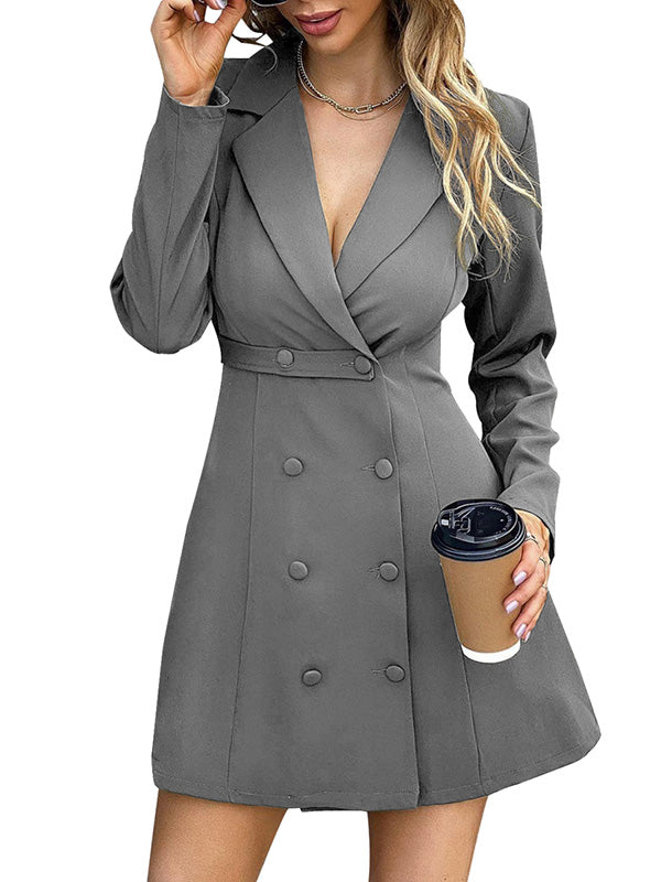 Women Long Sleeve Lapel Blazer Dress Office Formal Button Blazers Belt Waisted Suit Dress