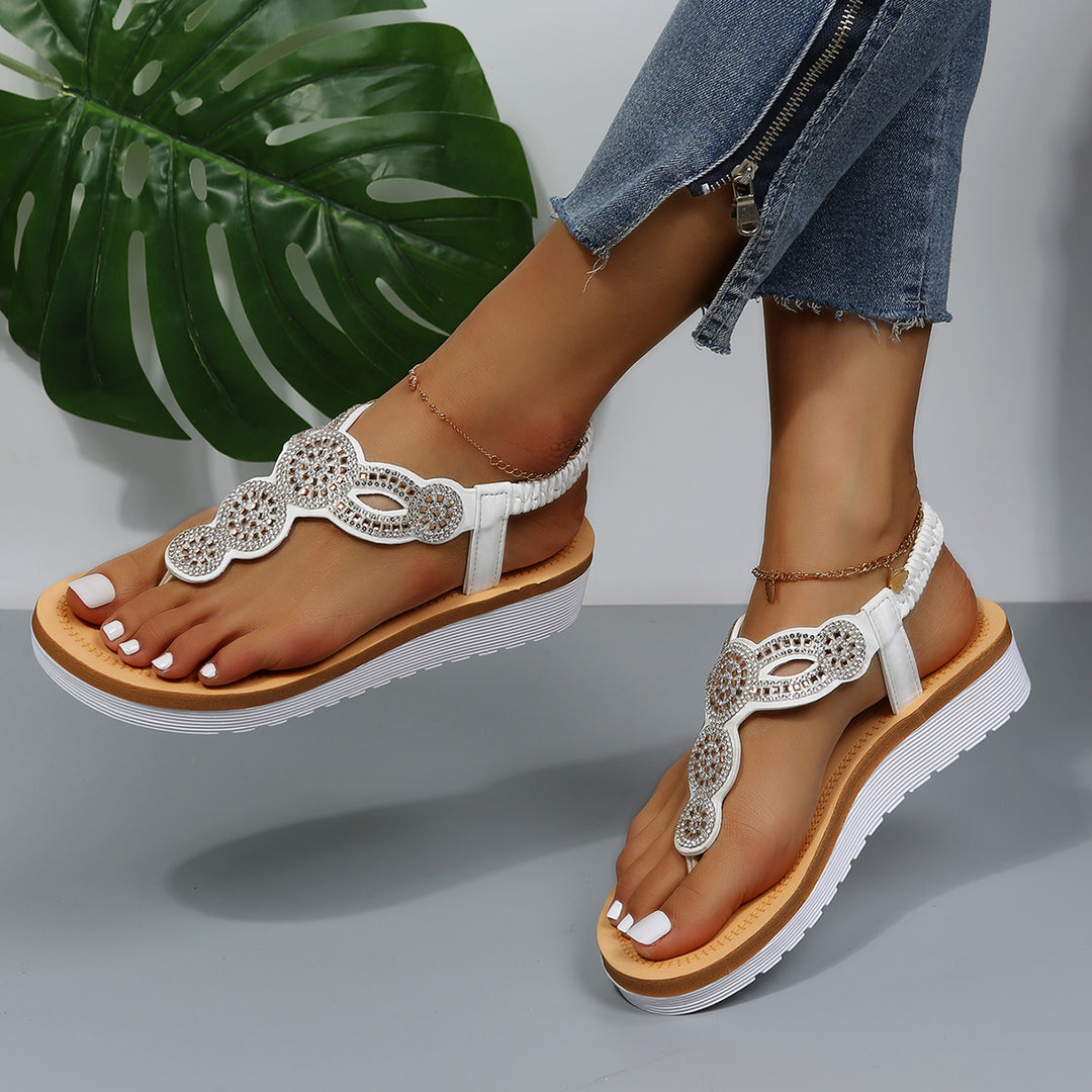 White Platform Wedge Heel Flip Flops Elastic Ankle Straps Sandals