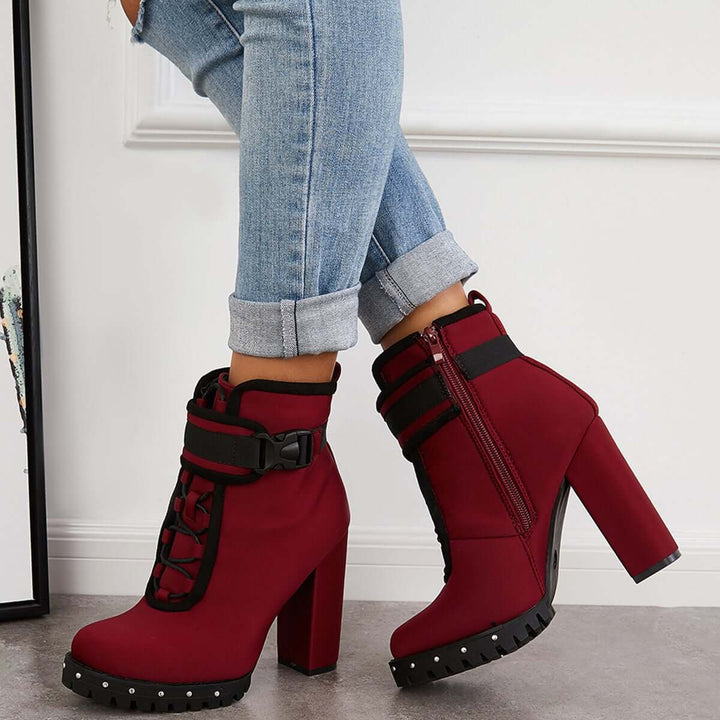 Platform Chunky Heel Boots Buckle Strap Ankle Booties