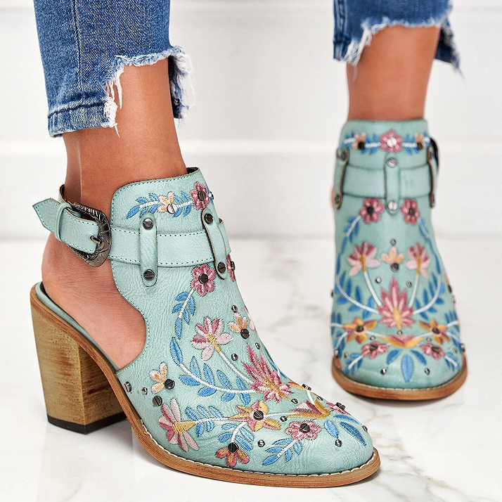 Cutout Embroidered Chunky Heels Ankle Strap Slingback Sandals
