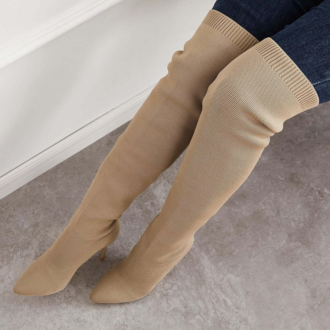 Thigh High Stiletto Heel Stretchy Knit Boots Pull on Over The Knee Boots