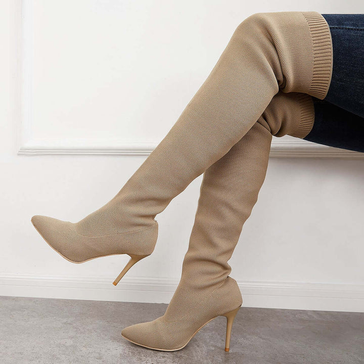 Thigh High Stiletto Heel Stretchy Knit Boots Pull on Over The Knee Boots