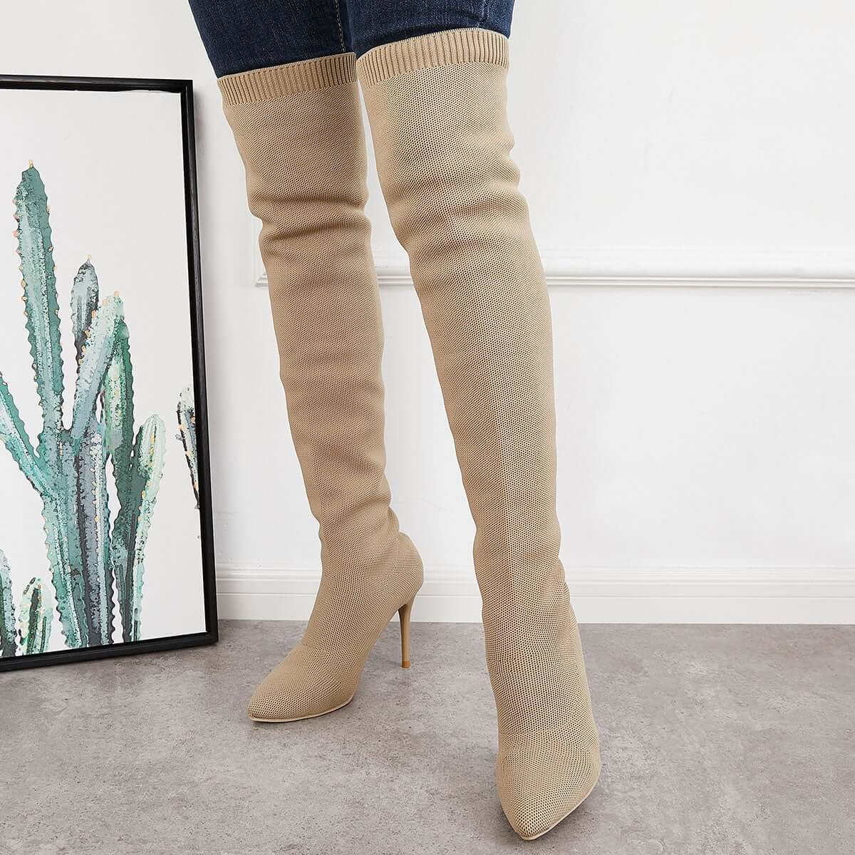 Thigh High Stiletto Heel Stretchy Knit Boots Pull on Over The Knee Boo ...