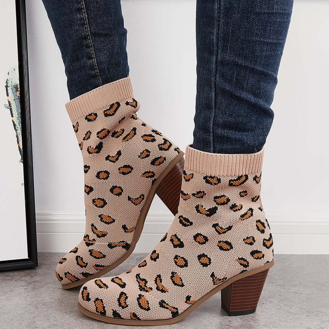 Knitted Chunky Block Heel Sock Booties Stretch Ankle Boots