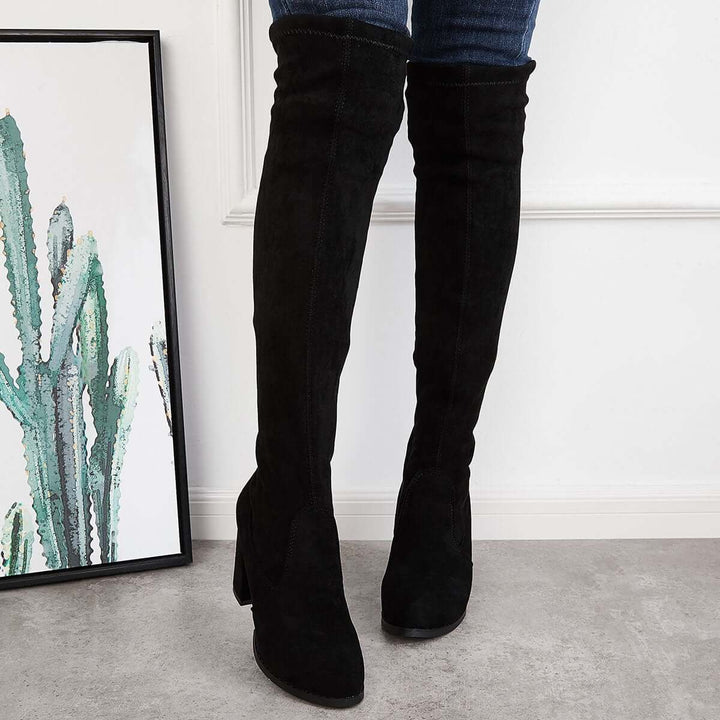 Black Stretchy Over The Knee Boots Chunky Block Heel Long Boots
