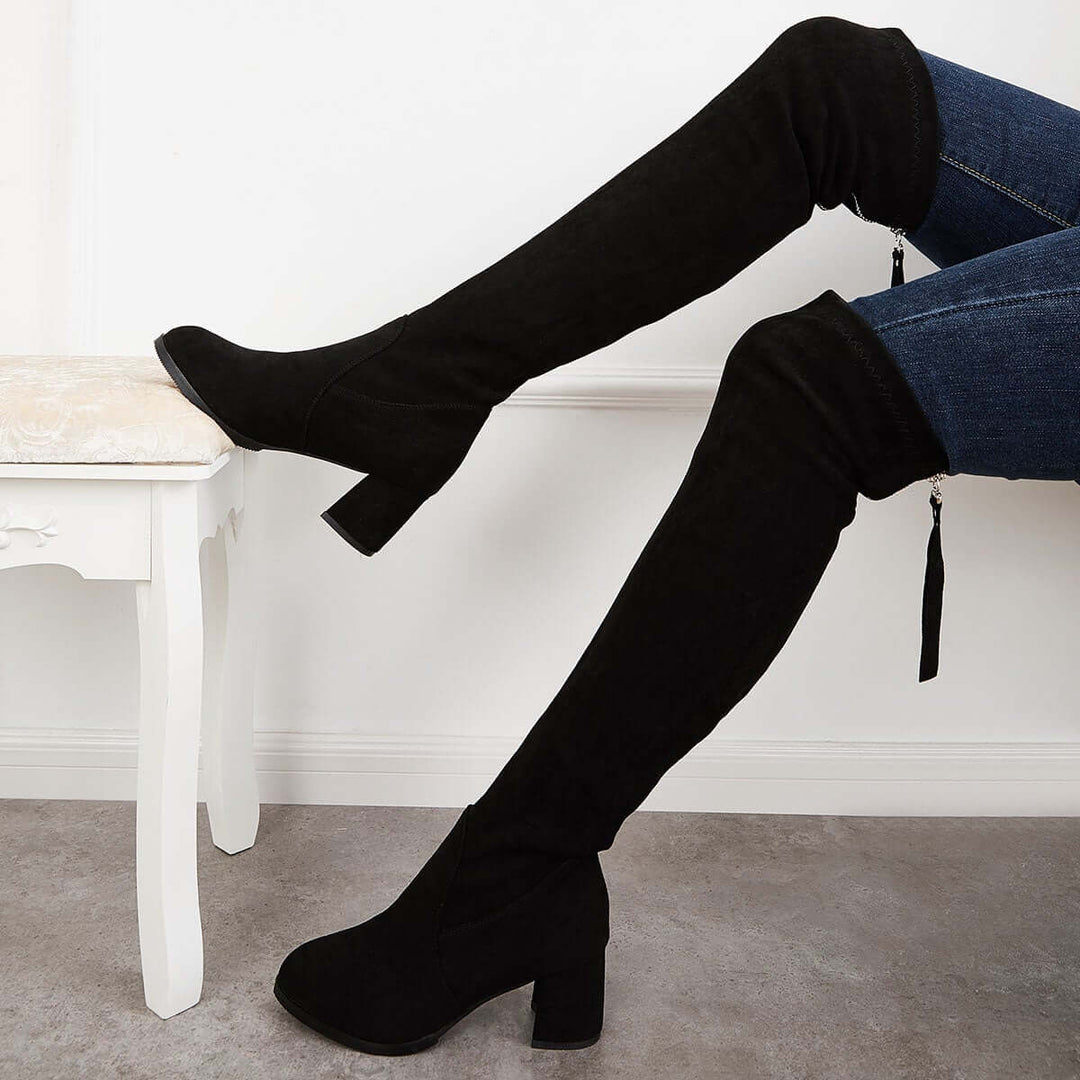 Black Stretchy Over The Knee Boots Chunky Block Heel Long Boots