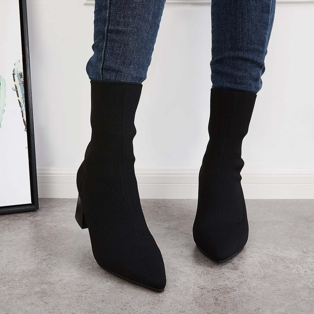 Black Stretch Sock Ankle Boots Pointed Toe Block Heel Booties
