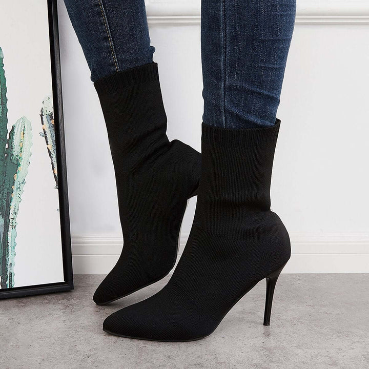 Stretch Knit Sock Boots Pointed Toe Stiletto High Heel Boots