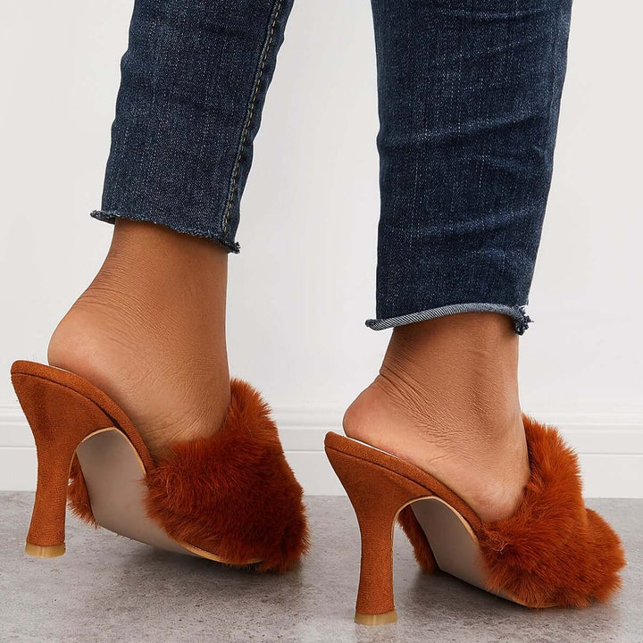 Furry Square Toe Backless Mules High Heels Slip on Sandals