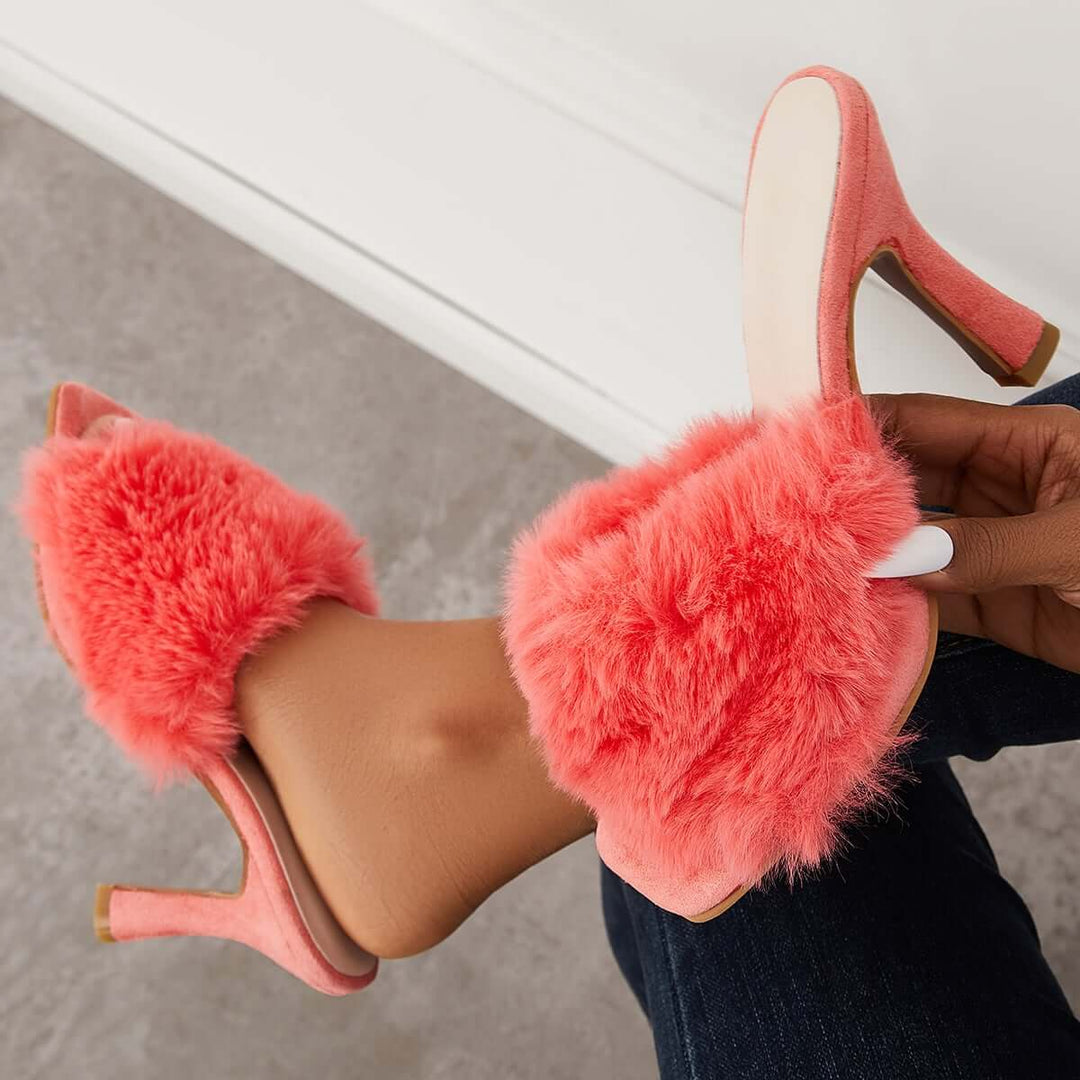 Furry Square Toe Backless Mules High Heels Slip on Sandals