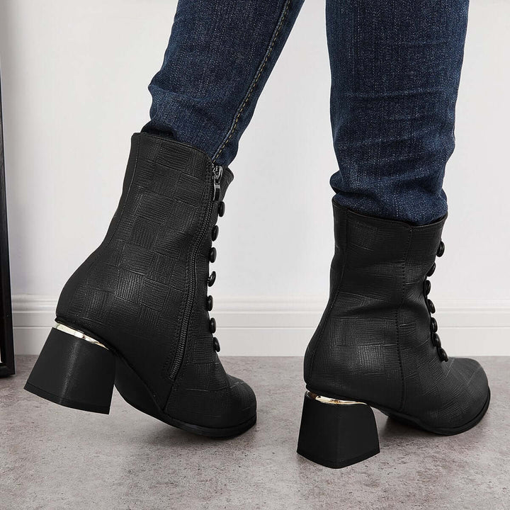 Round Toe Side Zip Booties Chunky Block Heel Ankle Boots