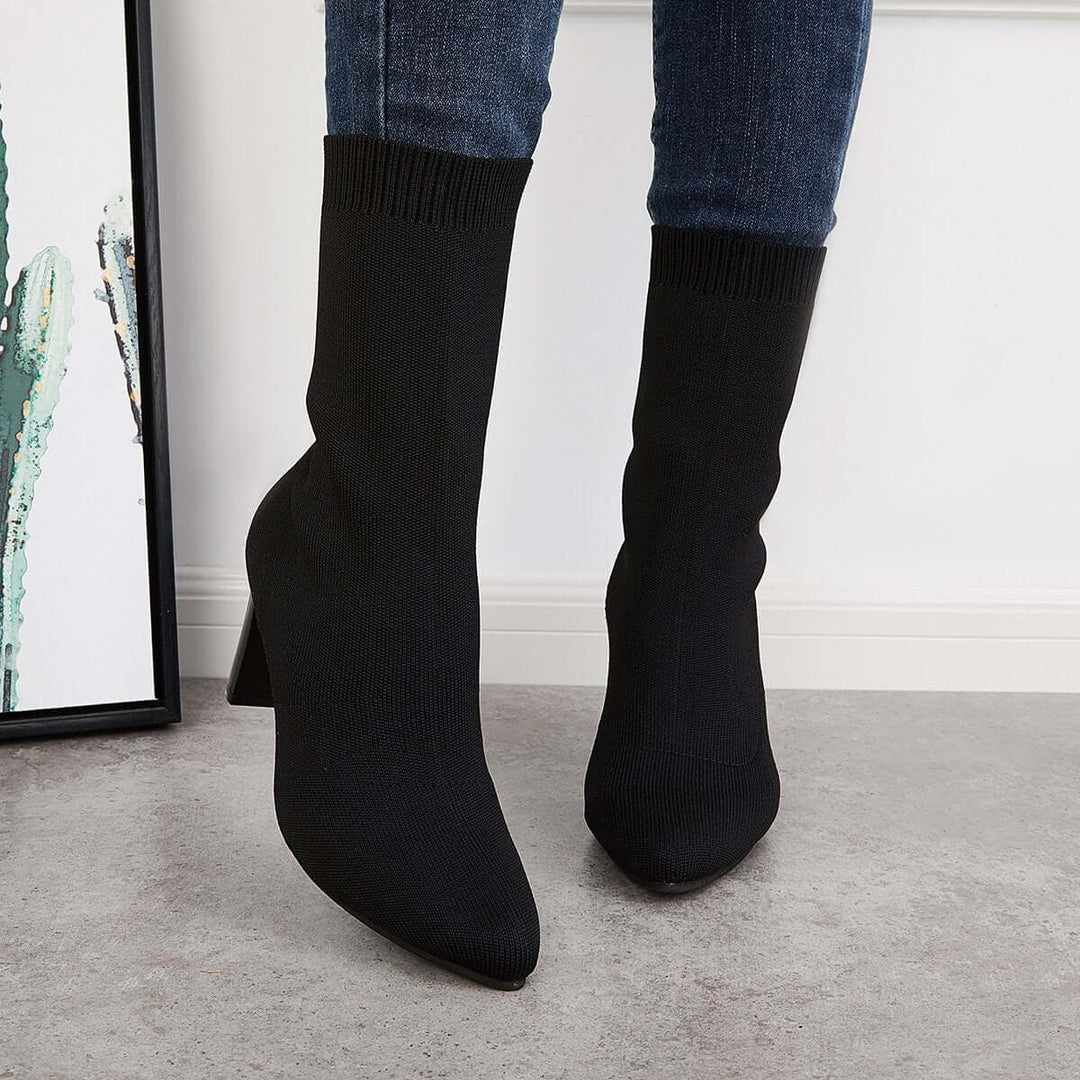 Black Stretch Knit Sock Booties Block High Heel Ankle Boots