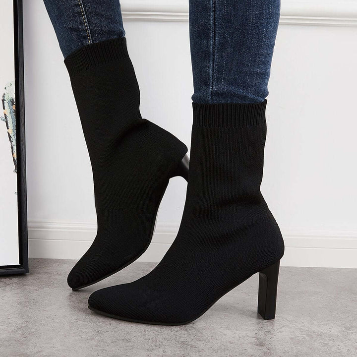 Black Stretch Knit Sock Booties Block High Heel Ankle Boots