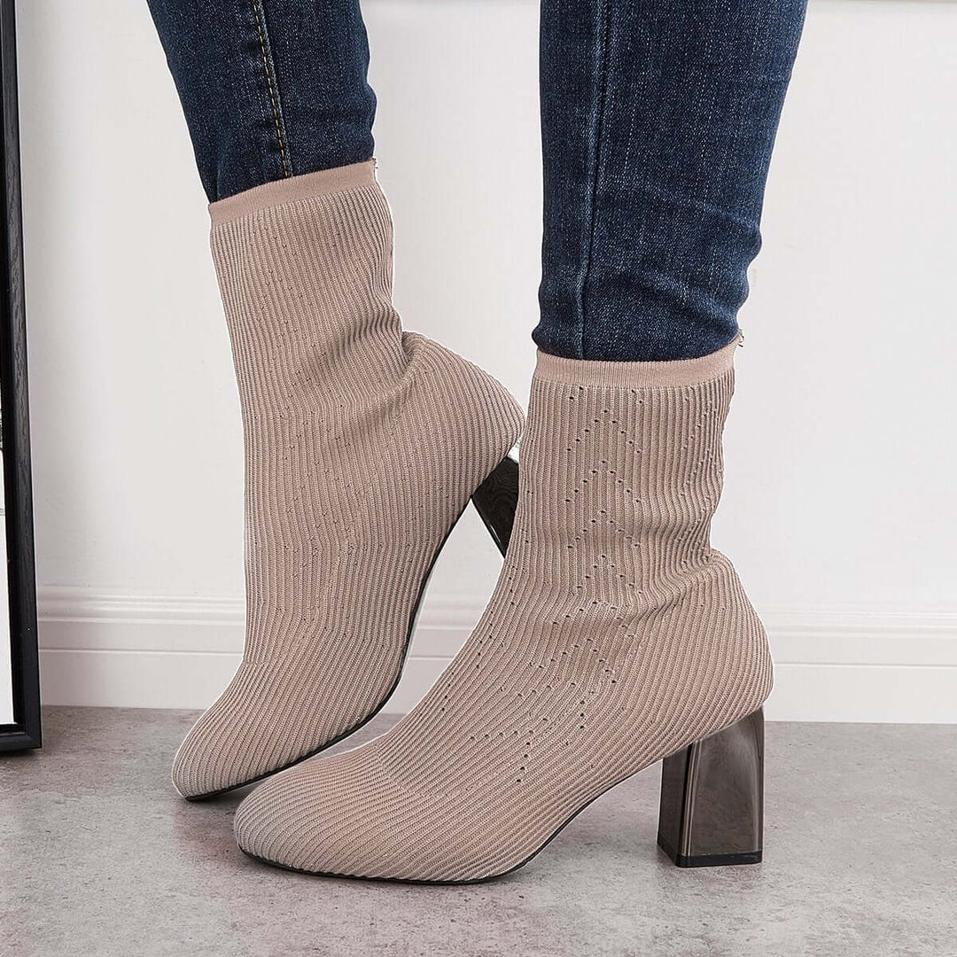 Stretch Knit Chunky Heel Sock Boots Slip on Ankle Booties