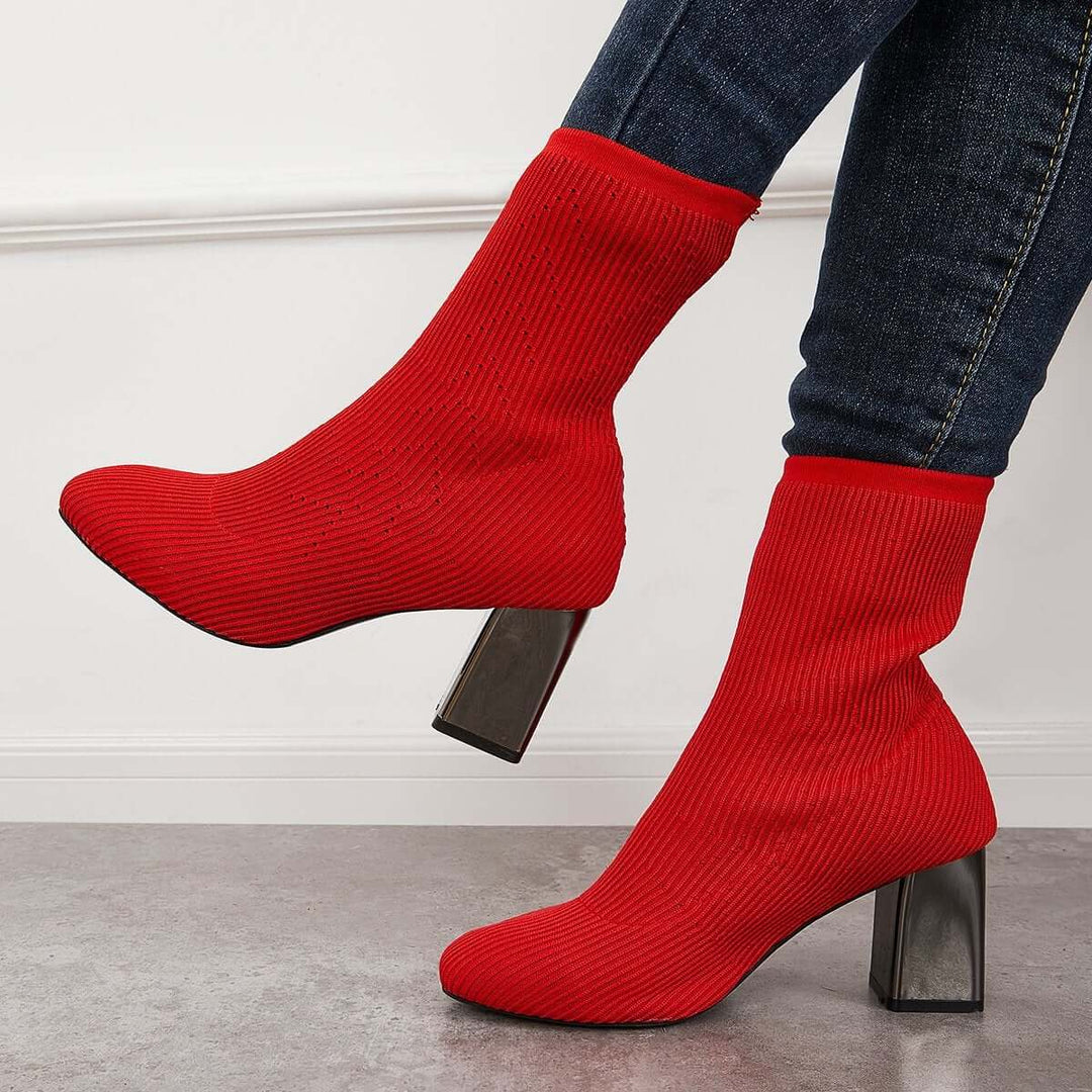 Stretch Knit Chunky Heel Sock Boots Slip on Ankle Booties