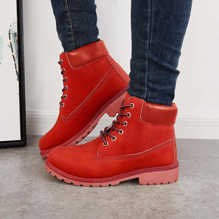 Classic Lace Up Ankle Work Boots Block Heel Hiking Booties