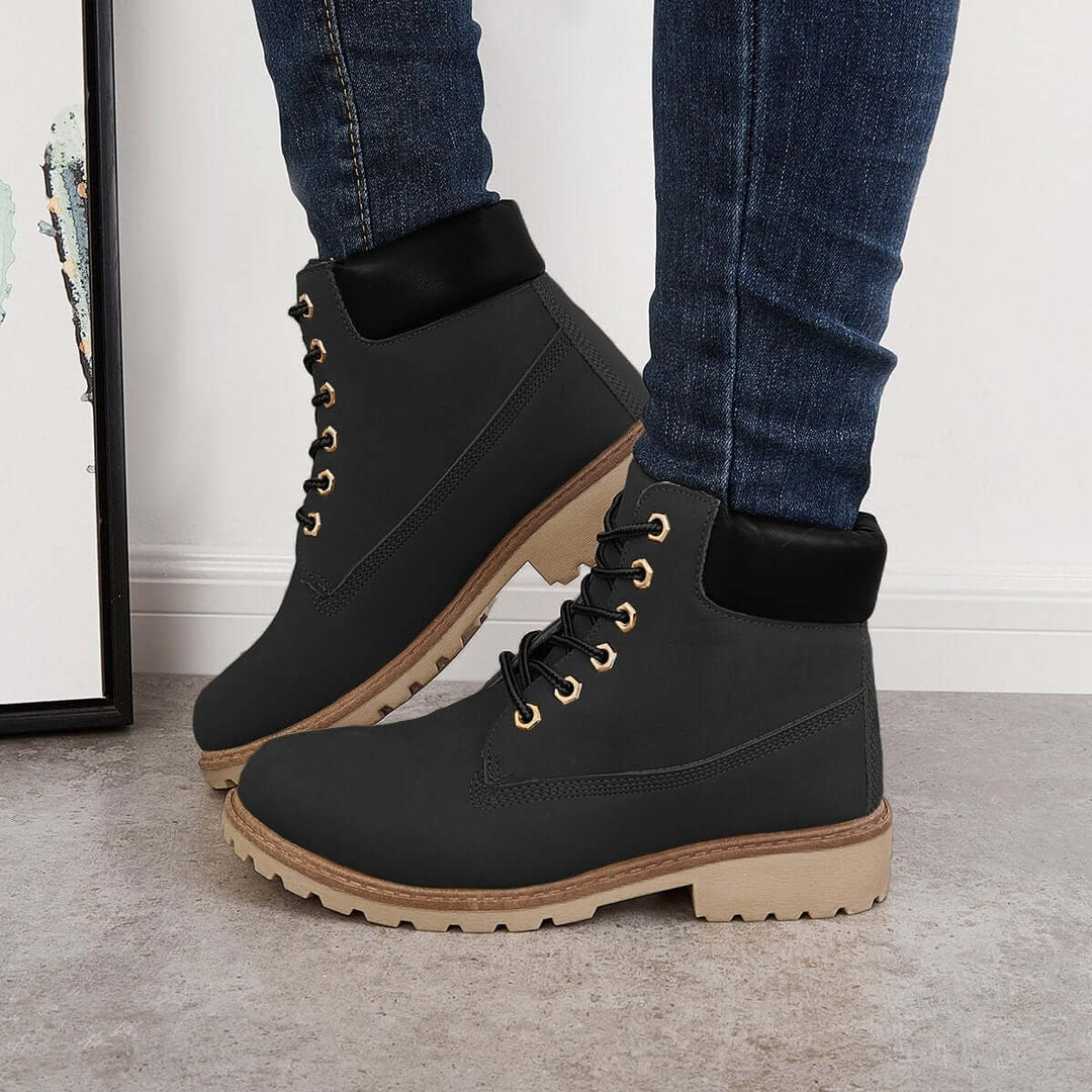Classic Lace Up Ankle Work Boots Block Heel Hiking Booties