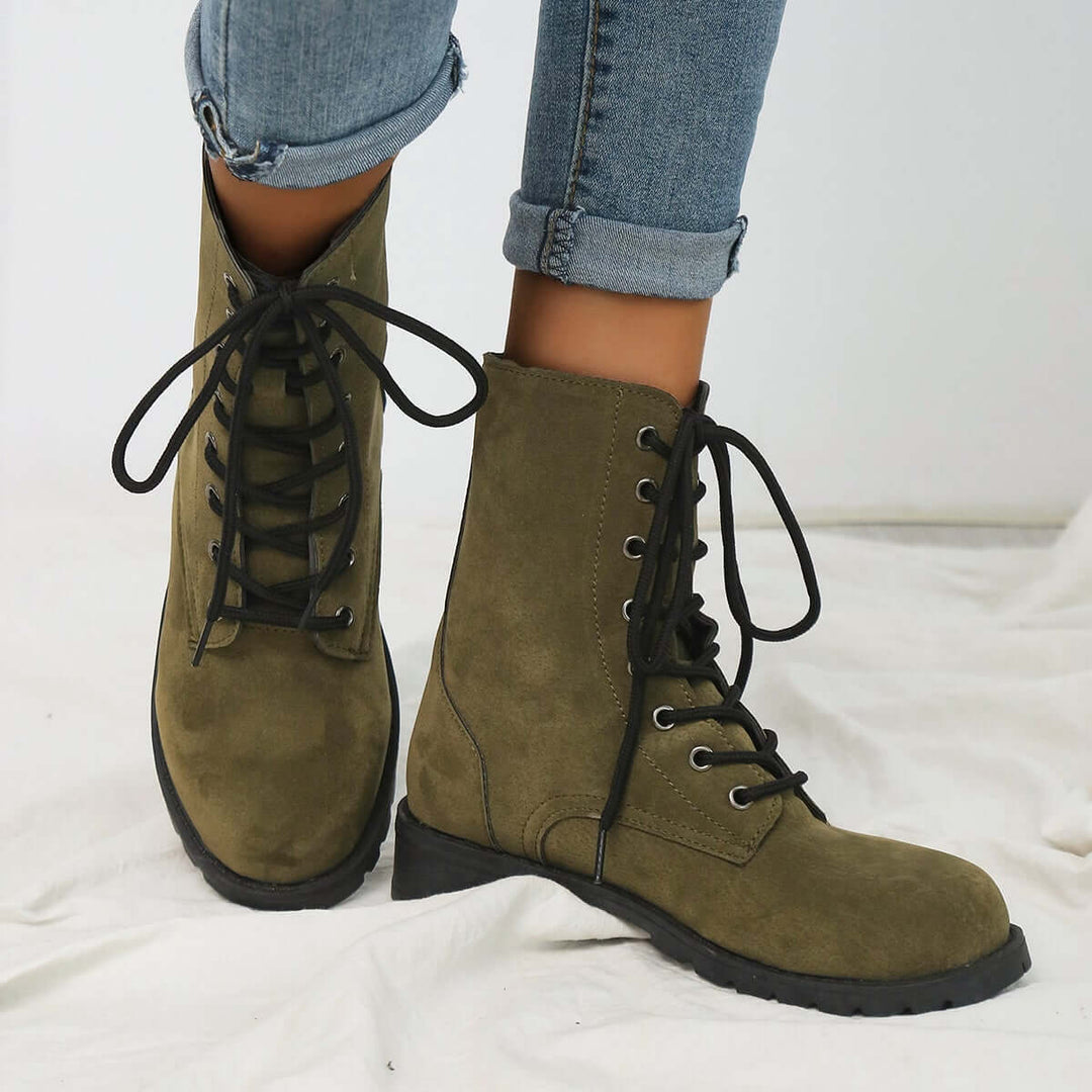 Casual Suede Lace Up Combat Boots Low Heel Ankle Booties